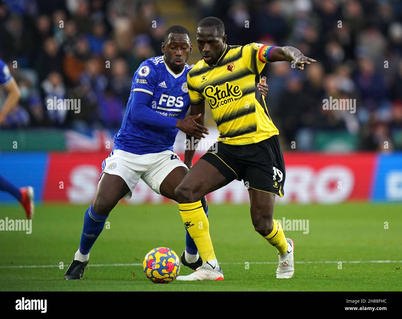 Leicester City's Boubakary Soumare (left) and Watford's Moussa Sissoko in action during the Premier League match at the King Power Stadium, Watford. Picture date: Sunday November 28, 2021. Stock Photo