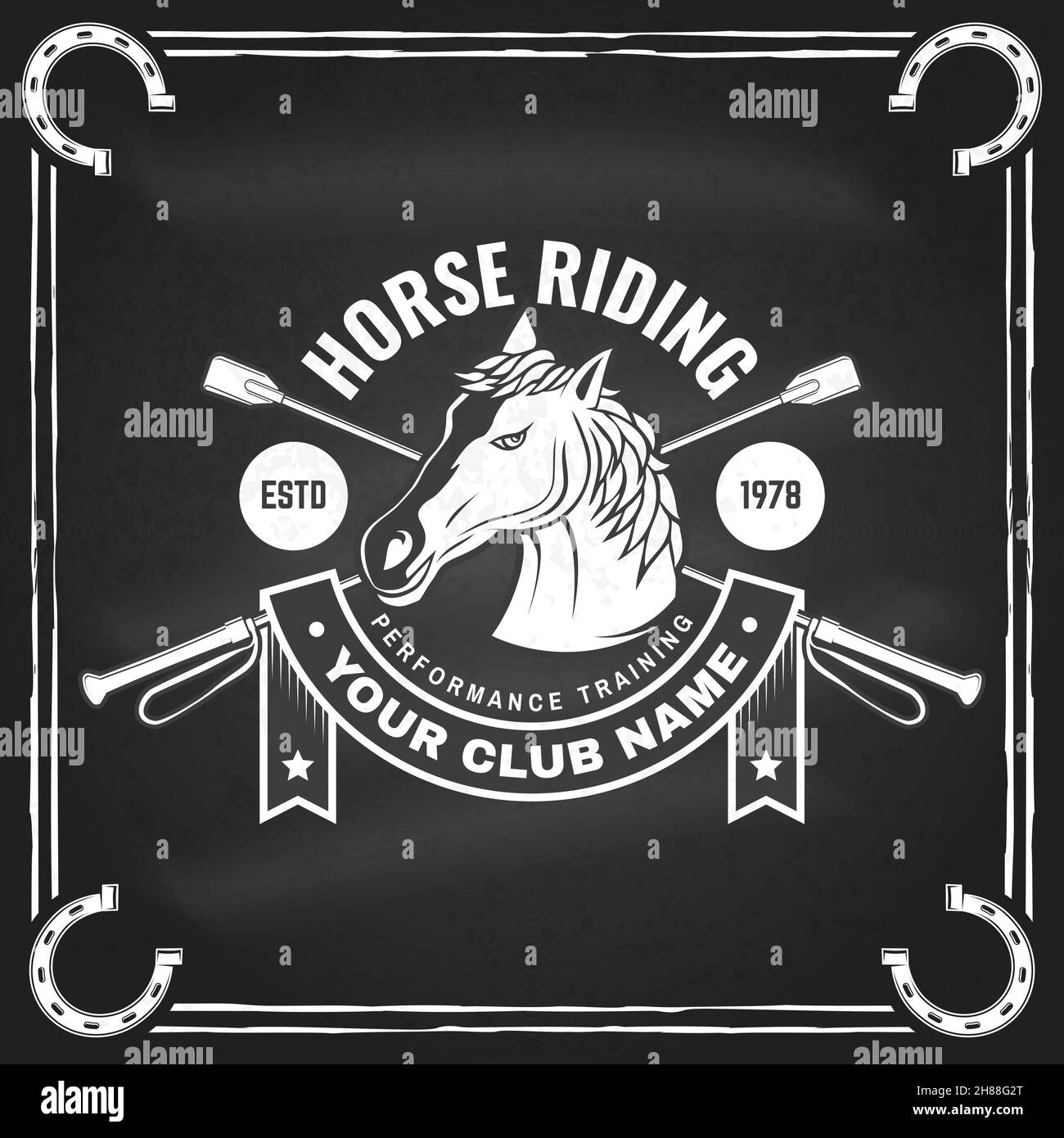 Horse riding sport club badges, patches, emblem, logo. Vector illustration. Vintage monochrome equestrian label with horse head, riding crop Stock Vector