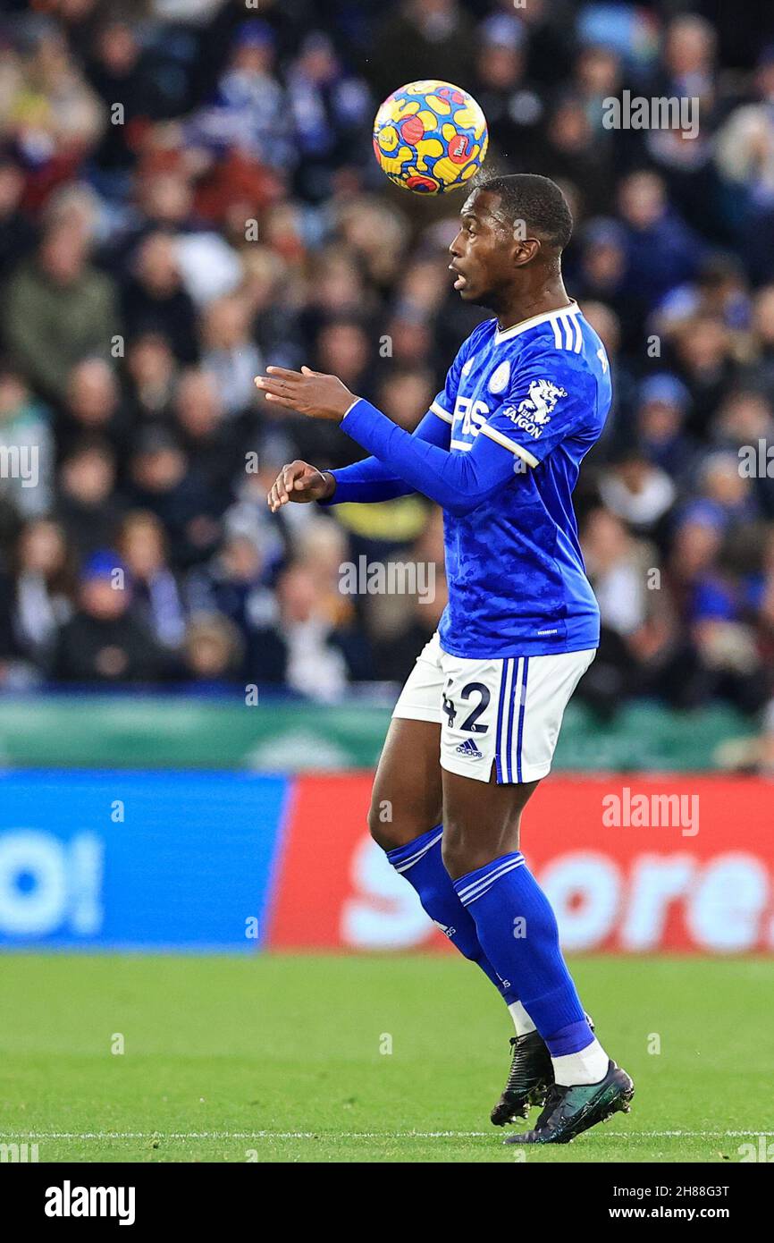 Boubakary Soumare #42 of Leicester City heads the ball  in Leicester, United Kingdom on 11/28/2021. (Photo by Mark Cosgrove/News Images/Sipa USA) Stock Photo