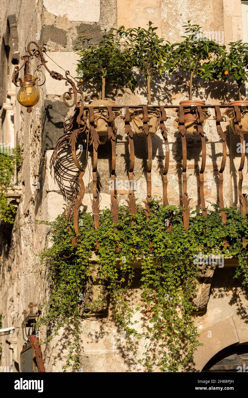 Close-up of a typical balcony in wrought iron in the Taormina town, Sicily island, Messina, Italy, Europe Stock Photo