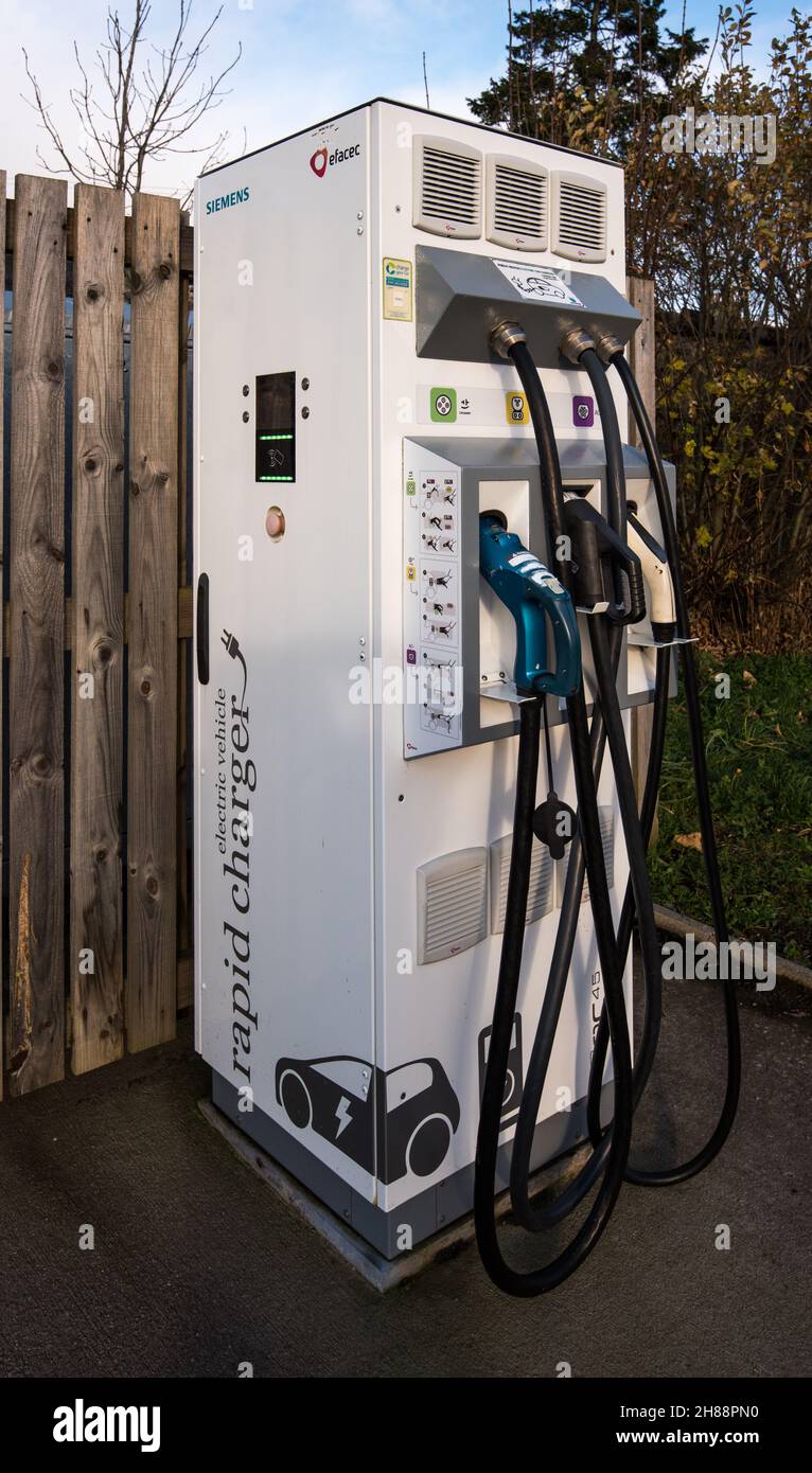 Electric charging point at Tomintoul in the Scottish Highlands Stock