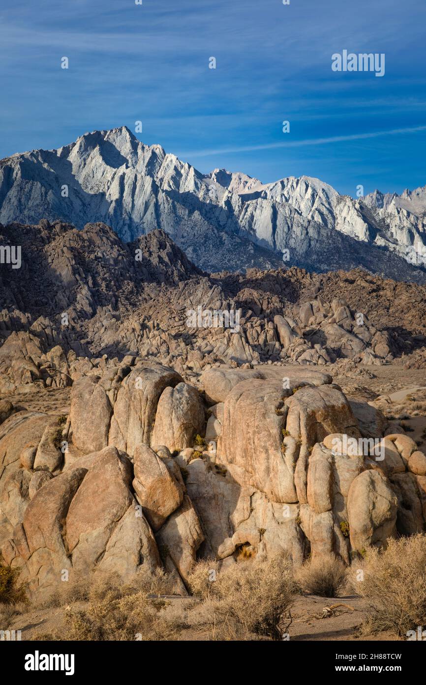 Lone Pine Peak rises up from the Alabama Hills to the east of Lone Pine  in the Sierra Nevada mountains in California. Stock Photo