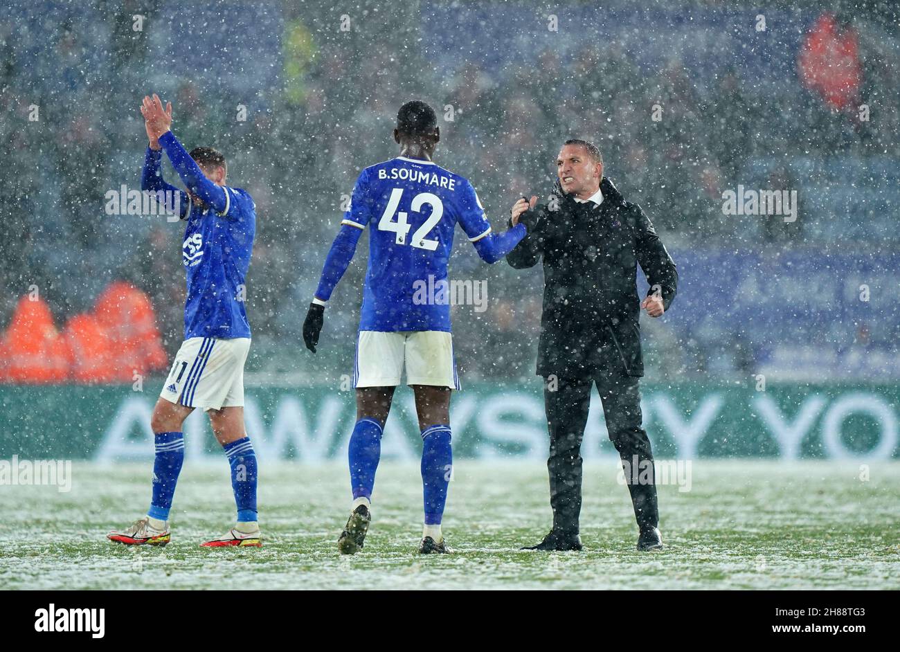 Leicester City's Boubakary Soumare shakes hands with manager Brendan Rodgers after the Premier League match at the King Power Stadium, Watford. Picture date: Sunday November 28, 2021. Stock Photo
