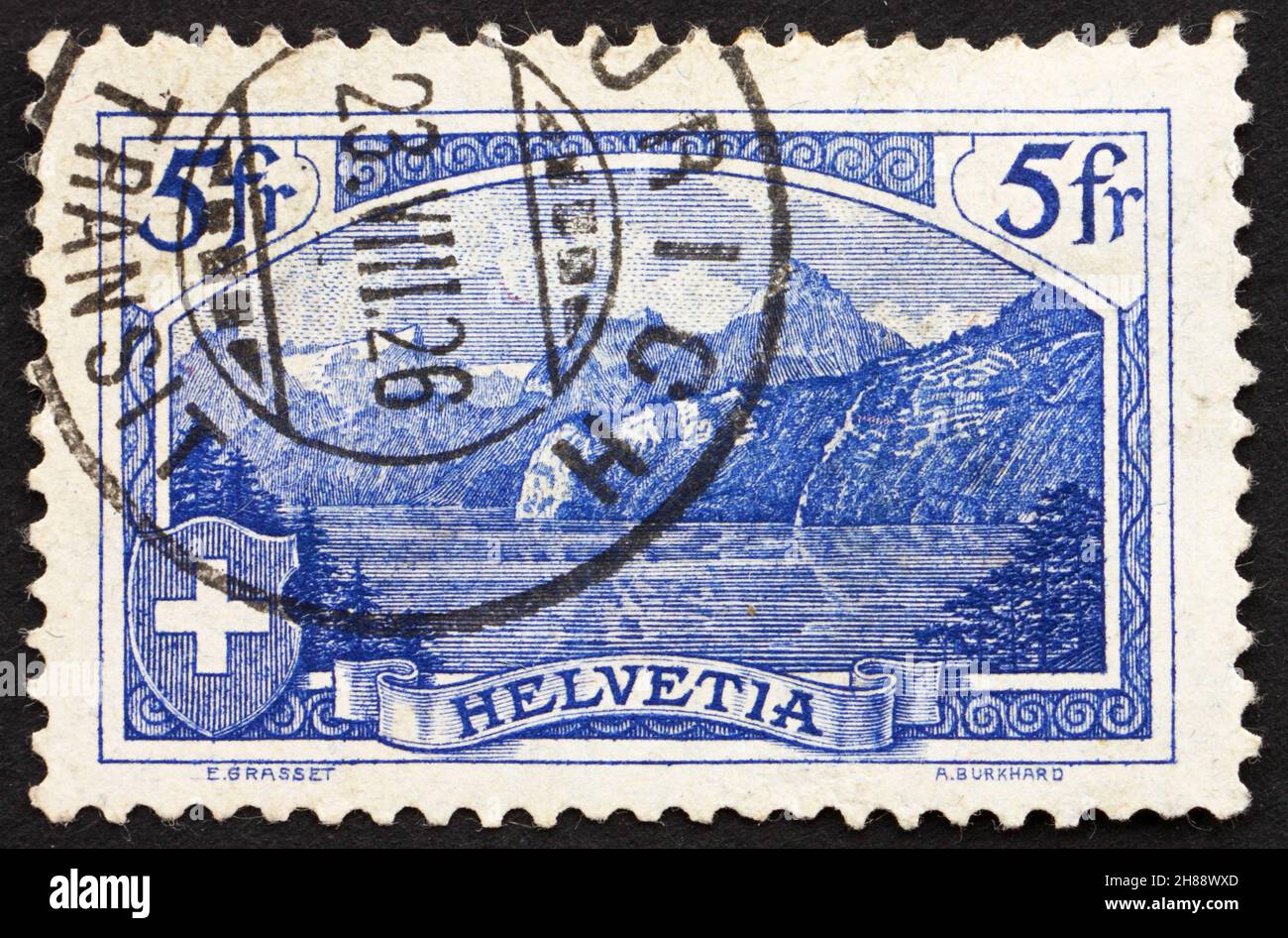 SWITZERLAND - CIRCA 1914: a stamp printed in the Switzerland shows The Rutli Mountain, the Birth Place of the Old Swiss Confederacy, circa 1914 Stock Photo