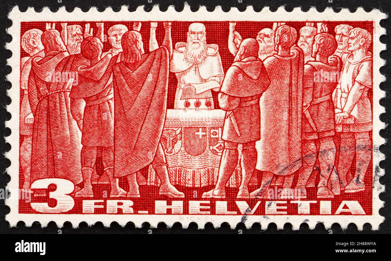 SWITZERLAND - CIRCA 1938: a stamp printed in the Switzerland shows First Federal Pact, Federal Charter, 1291, the Birth of the Old Swiss Confederacy, Stock Photo