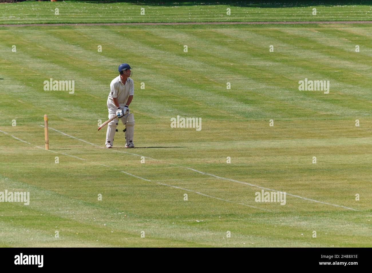 Cricket at the stumps at an English Village Cricket match, Northamptonshire, UK Stock Photo