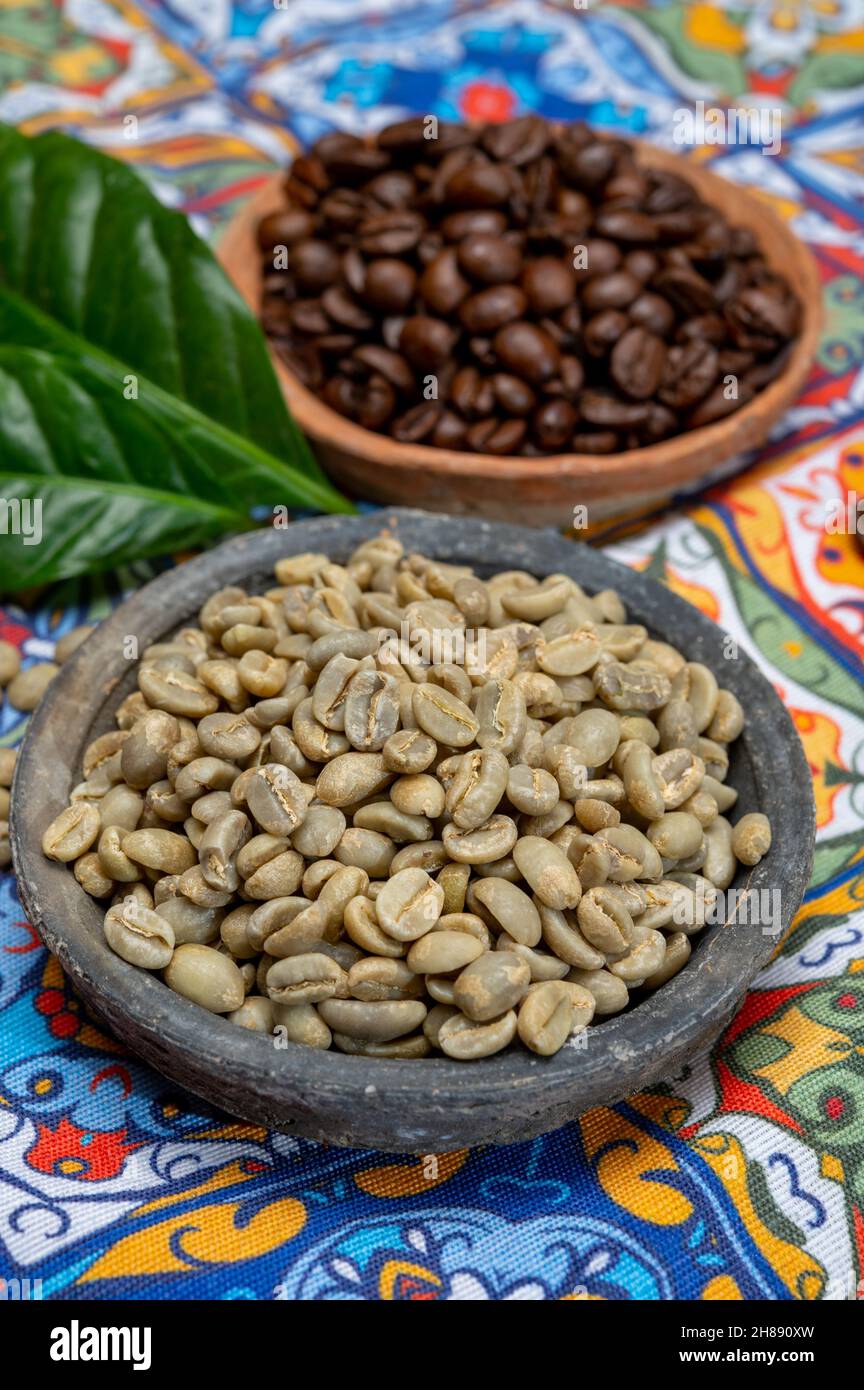 Green and roasted coffee beans from South America coffee producing