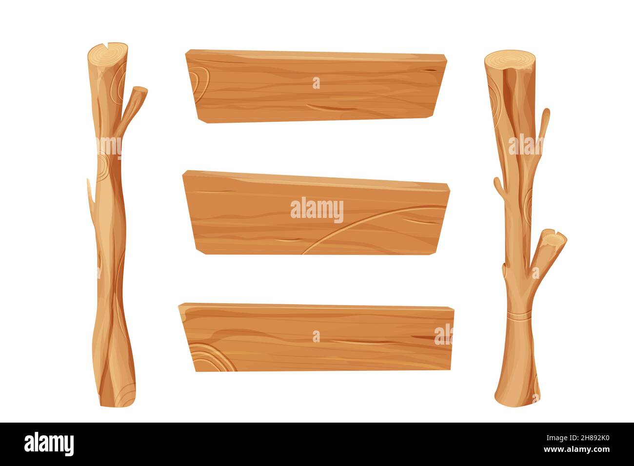 Wood sign, set tree stick and wooden empty textured planks in cartoon ...