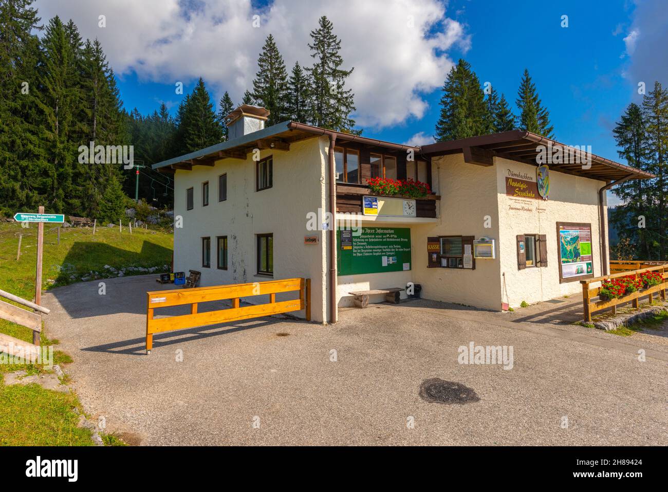 Valley station of the nostalgic chairlift  Dürrnbachhorn on the Winklmoos Alm, Reit im Winkl, Upper Bavaria, Southern Germany Stock Photo