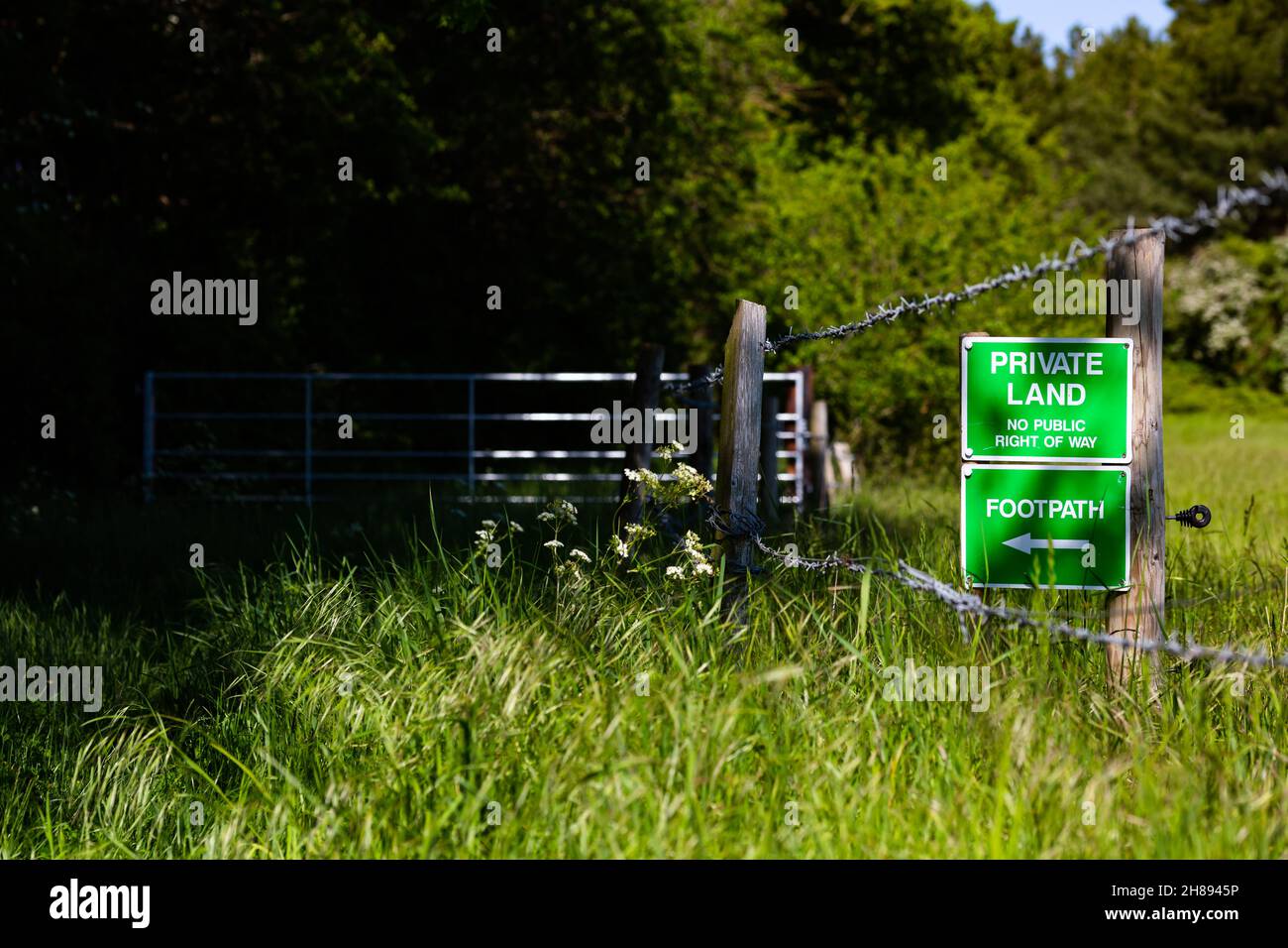 'Private land no right of way' sign in rural Suffolk countryside Stock Photo