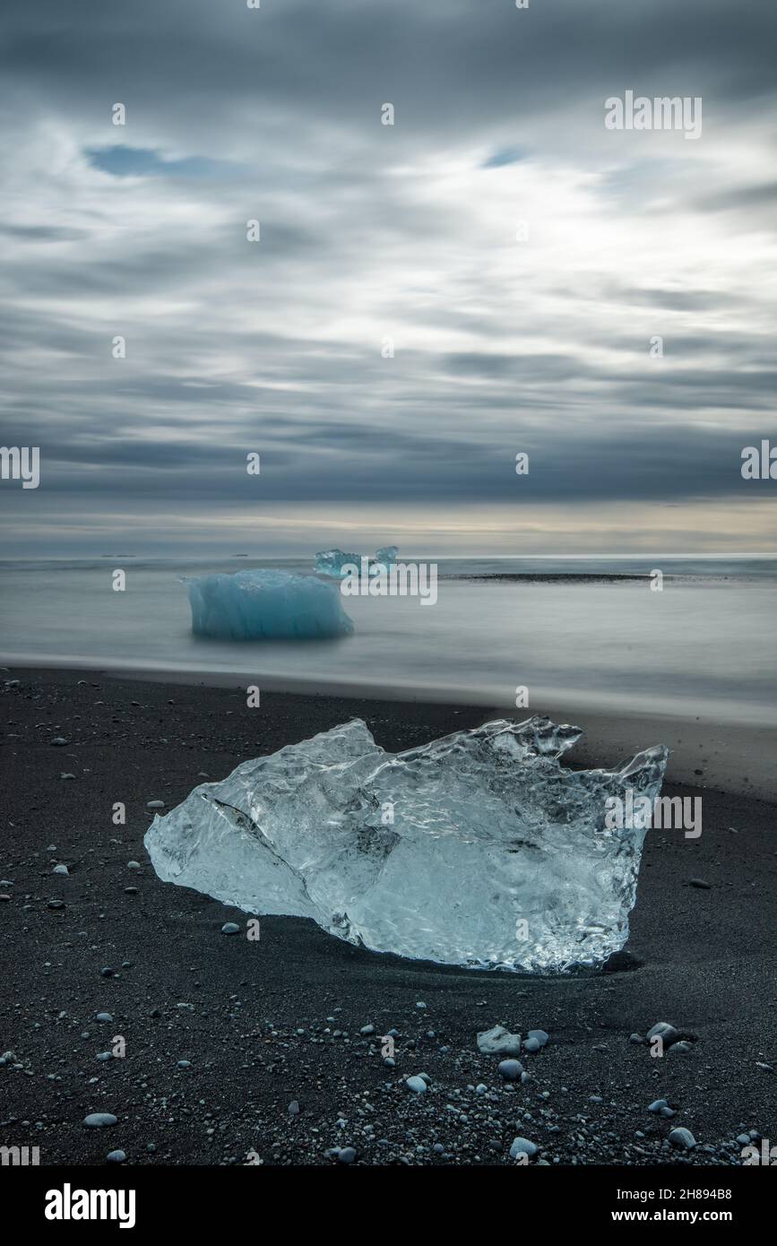 Ice on the shores of Jokulsarlon black beach Stock Photo