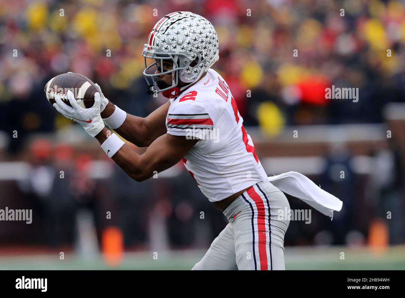 Ann Arbor, United States. 28th Nov, 2021. Ohio State Buckeyes Chris Olave (2) makes a catch against the Michigan Wolverines in Ann Arbor, Michigan on Saturday, November 27, 2021. Photo by Aaron Josefczyk/UPI Credit: UPI/Alamy Live News Stock Photo