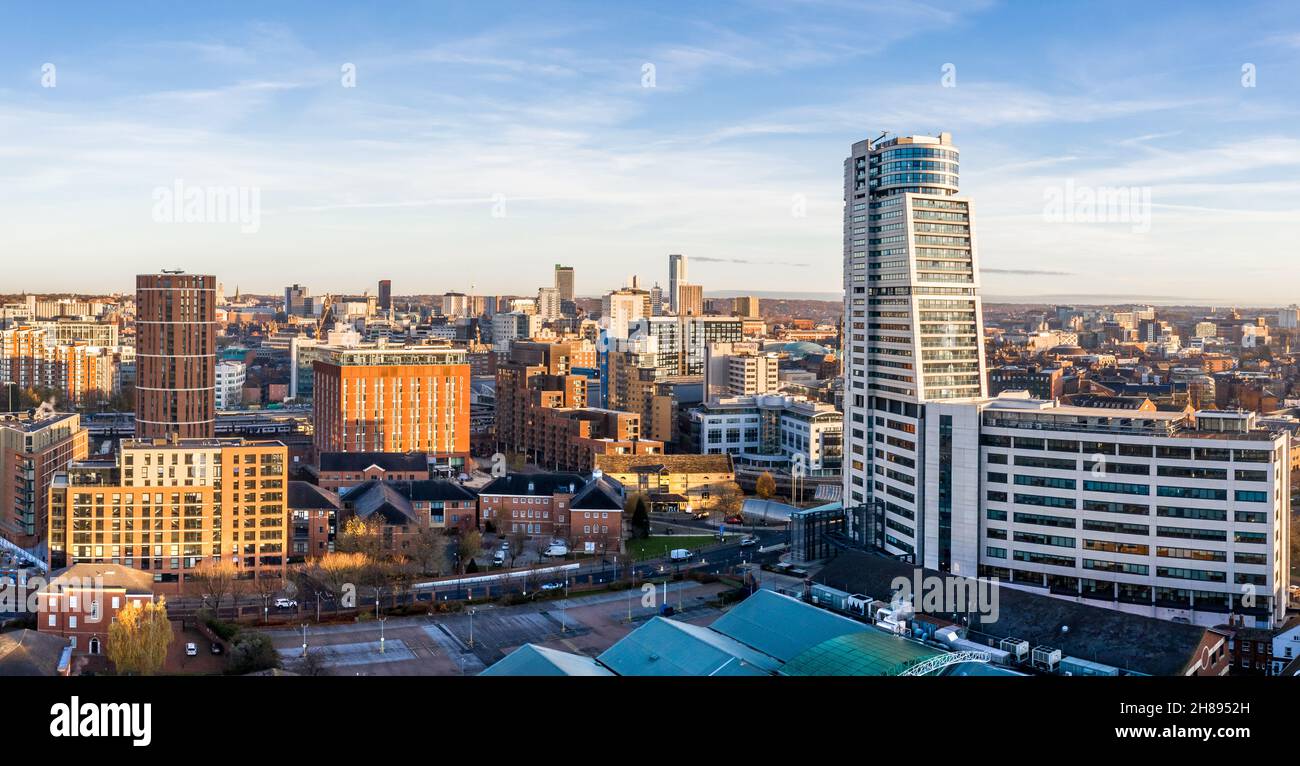 An aerial landscape of Leeds city centre cityscape and skyline with the Bridgewater Place