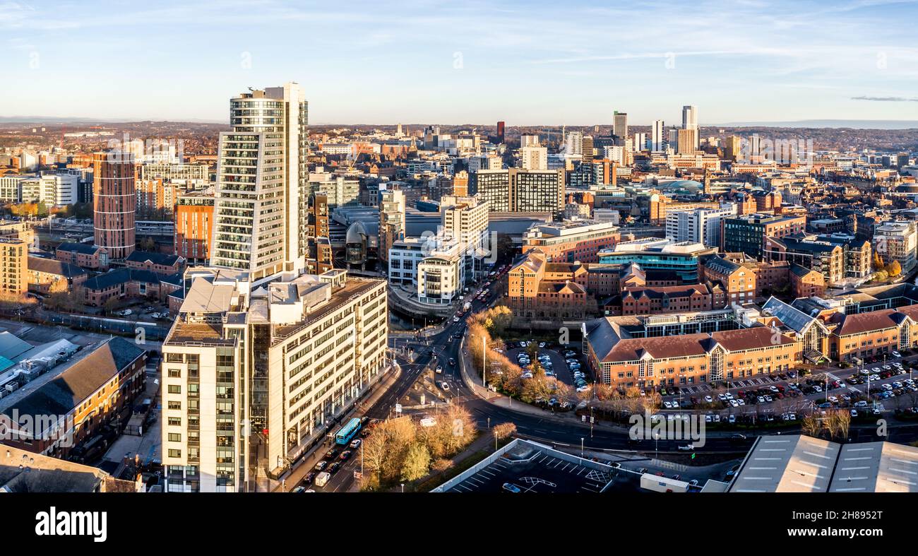 An aerial landscape of Leeds city centre cityscape and skyline with the Bridgewater Place skyscraper building Stock Photo