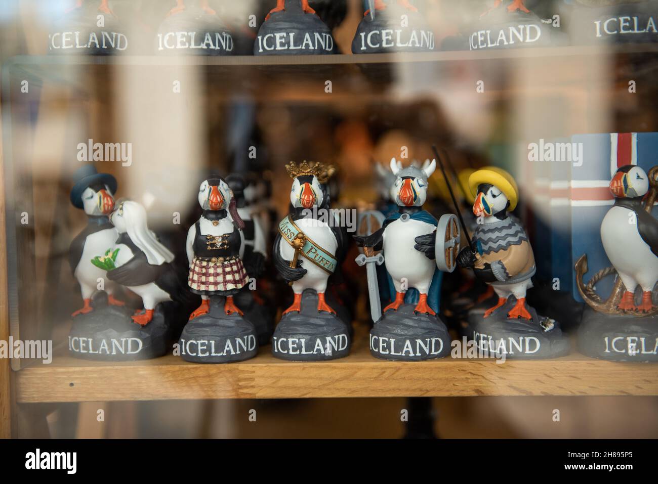 Collection of Puffin Statuettes on Sale at a gift shop in Reykjavik, iceland Stock Photo