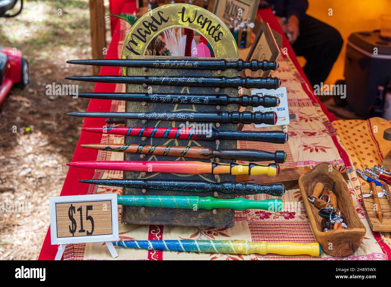 Magic wands for sale at the Lady of the Lakes Renaissance Faire - Tavares, Florida, USA Stock Photo