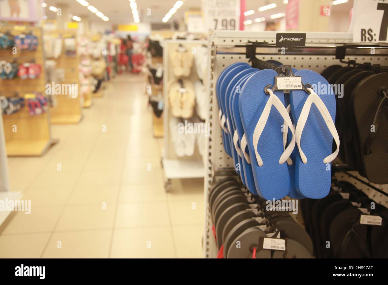 salvador, bahia, brazil - november 26, 2021: sandals are seen for sale in a supermarket in the city of Salvador. Stock Photo