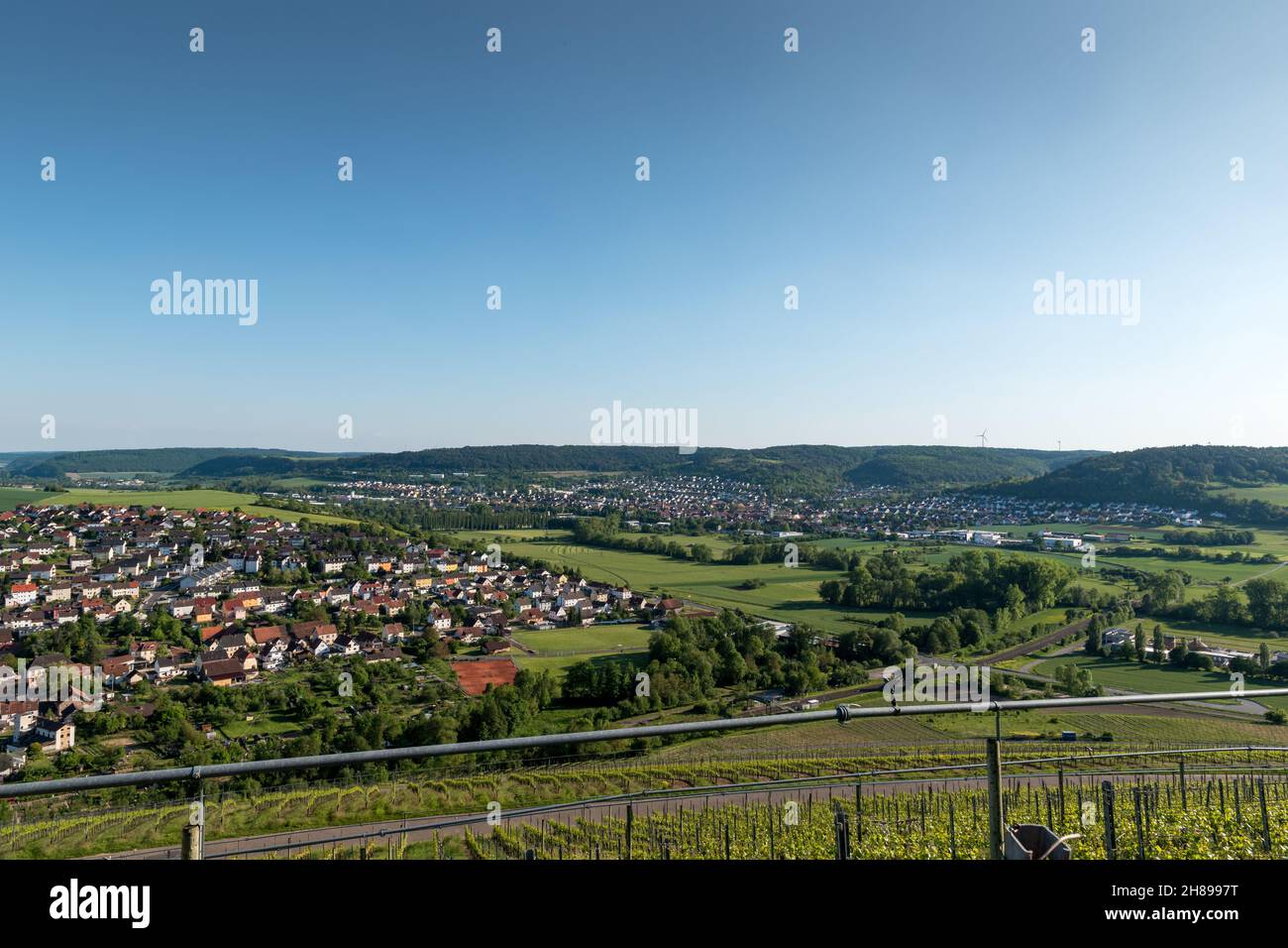 View from the vineyard to the town Gerlachsheim in the valley from the river Tauber in Germany. Stock Photo