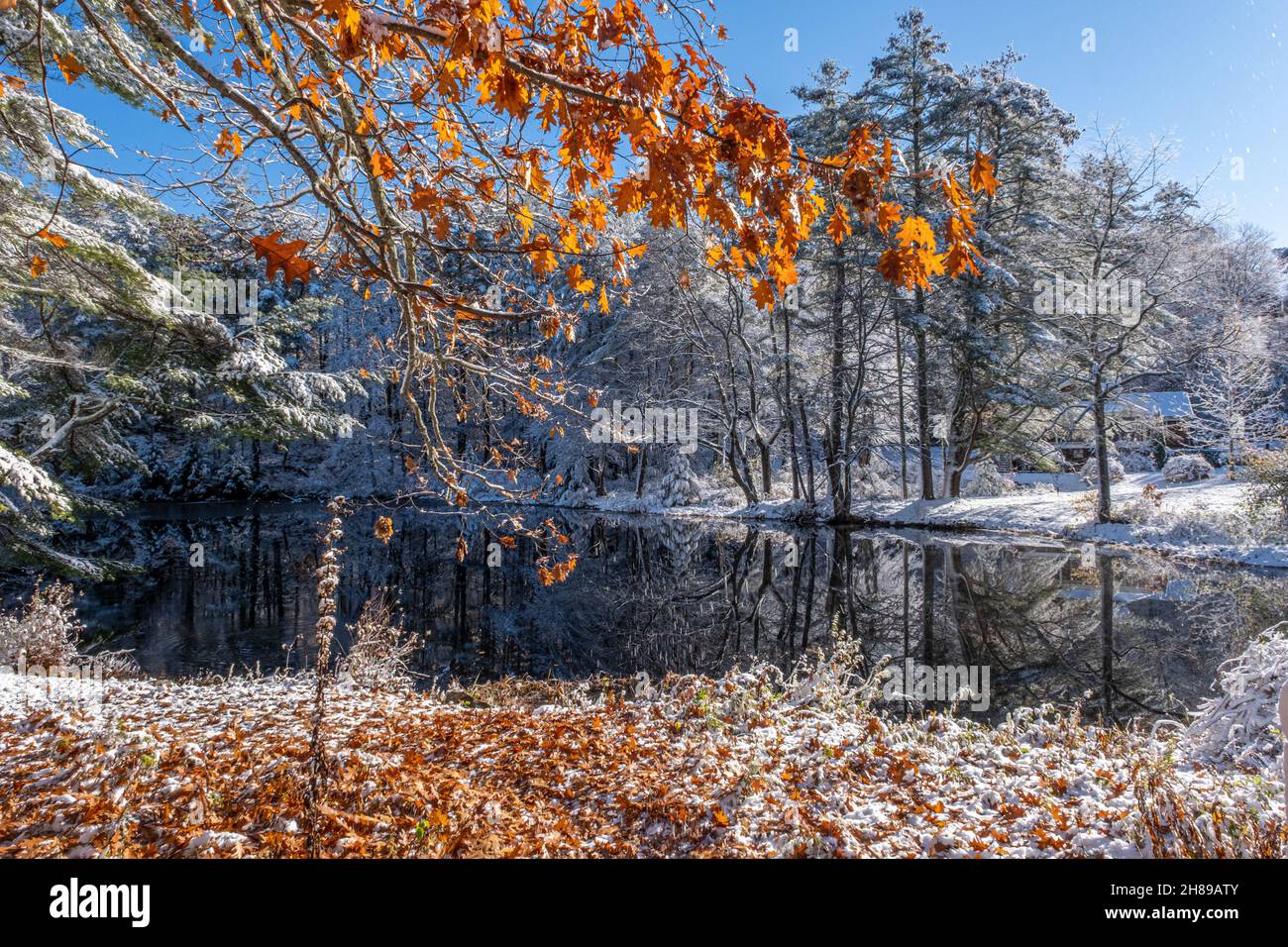 An early snow in Petersham, Massachusetts - The East Branch of the Swift River Stock Photo