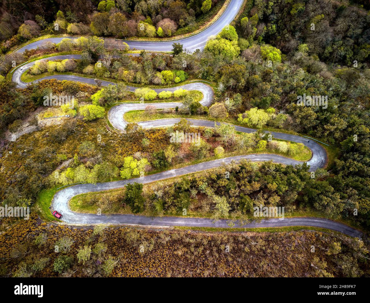 Aerial view of winding road in spring in Asturias, Spain. Stock Photo