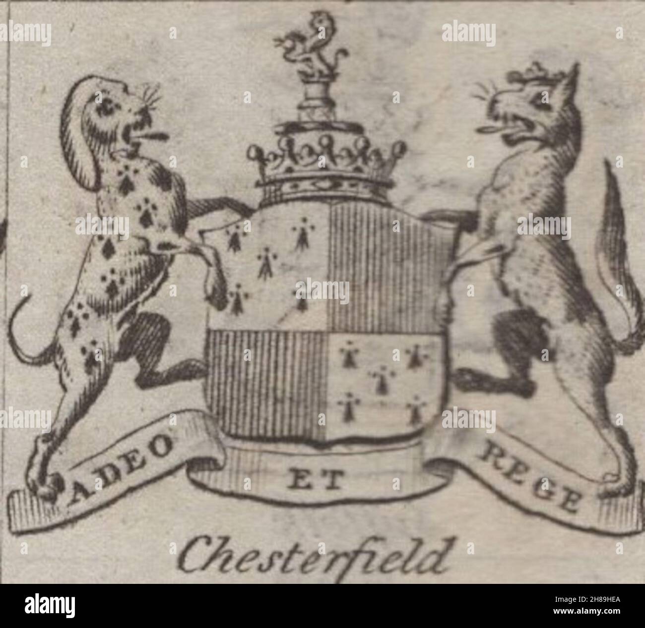 antique 18th century engraving heraldy coats of arms, English Earls , Motto / slogan: A Deo et Rege. Chesterfield. by Woodman & Mutlow fc russel co circa 1780s Source: original engravings from  the annual almanach book. Stock Photo