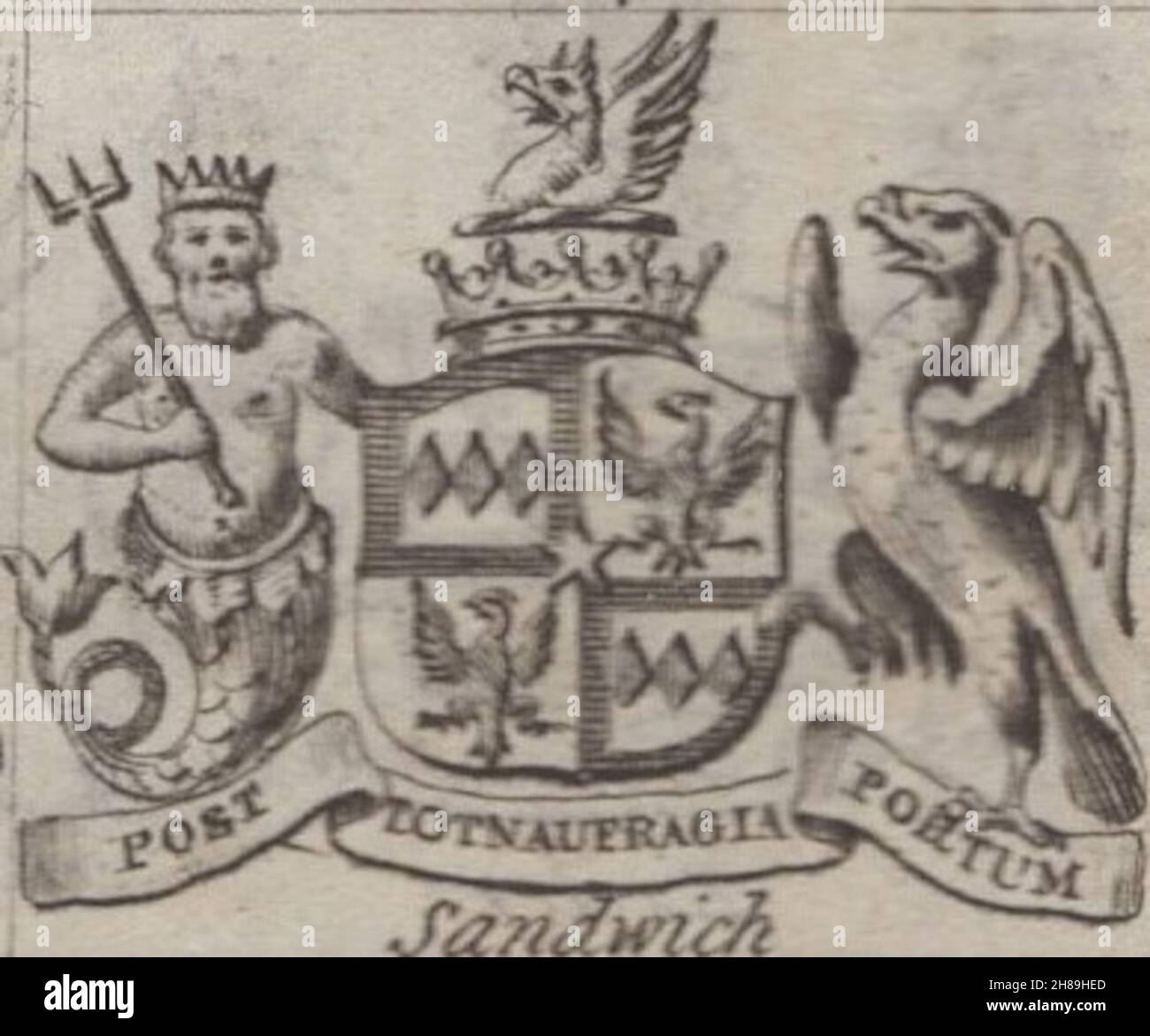 antique 18th century engraving heraldy coats of arms, English Earls , Motto / slogan: Post tot naufragia portum. Sandwich. by Woodman & Mutlow fc russel co circa 1780s Source: original engravings from  the annual almanach book. Stock Photo
