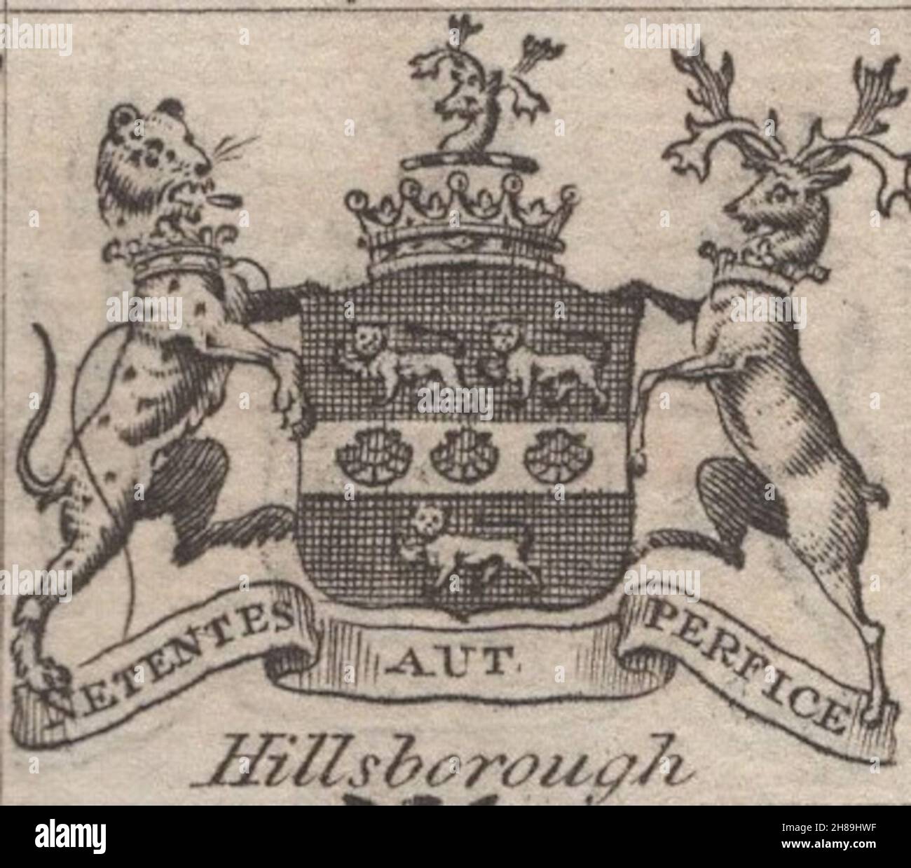 antique 18th century engraving heraldy coats of arms, English Earls , Motto / slogan: Ne tentes Aut Perfice. Hillsborough.  by Woodman & Mutlow fc russel co circa 1780s Source: original engravings from  the annual almanach book. Stock Photo