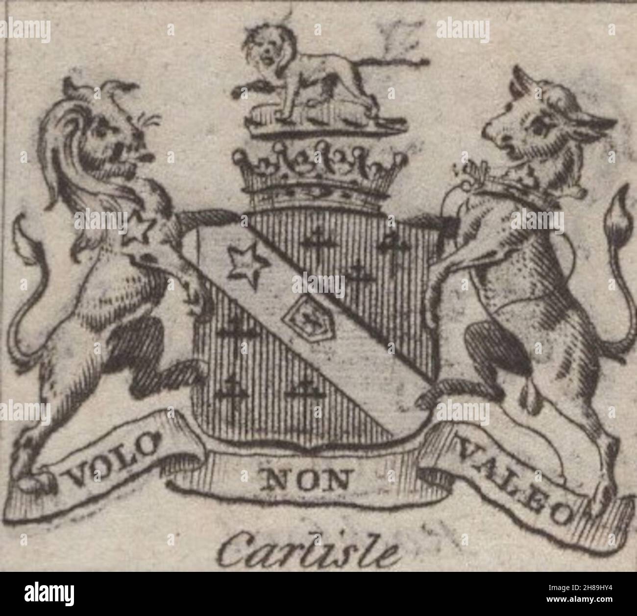 antique 18th century engraving heraldy coats of arms, English Earls , Motto / slogan: Volo non Valeo. Carlisle. by Woodman & Mutlow fc russel co circa 1780s Source: original engravings from  the annual almanach book. Stock Photo