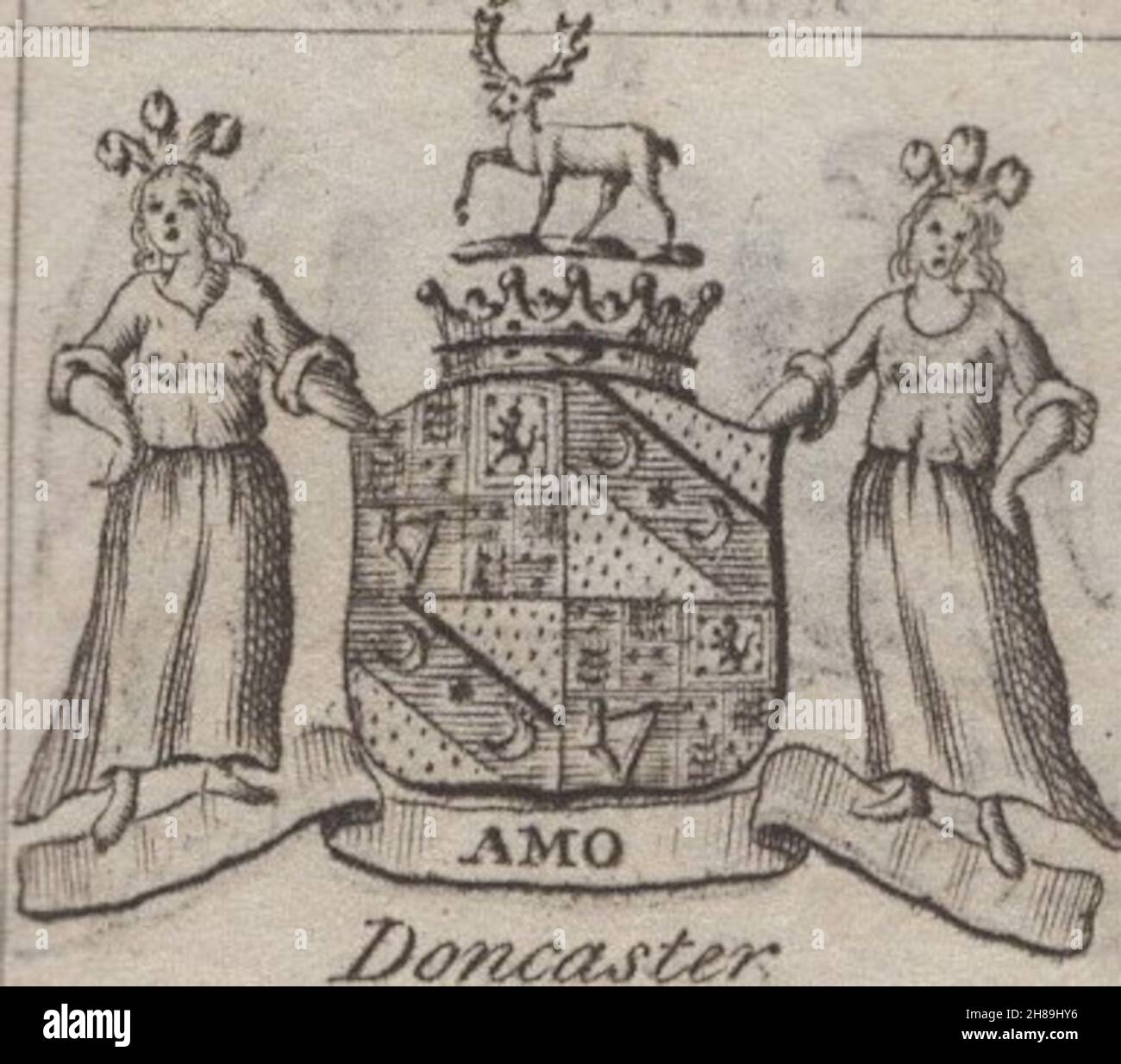 antique 18th century engraving heraldy coats of arms, English Earls , Motto / slogan: Amo. Doncaster. by Woodman & Mutlow fc russel co circa 1780s Source: original engravings from  the annual almanach book. Stock Photo