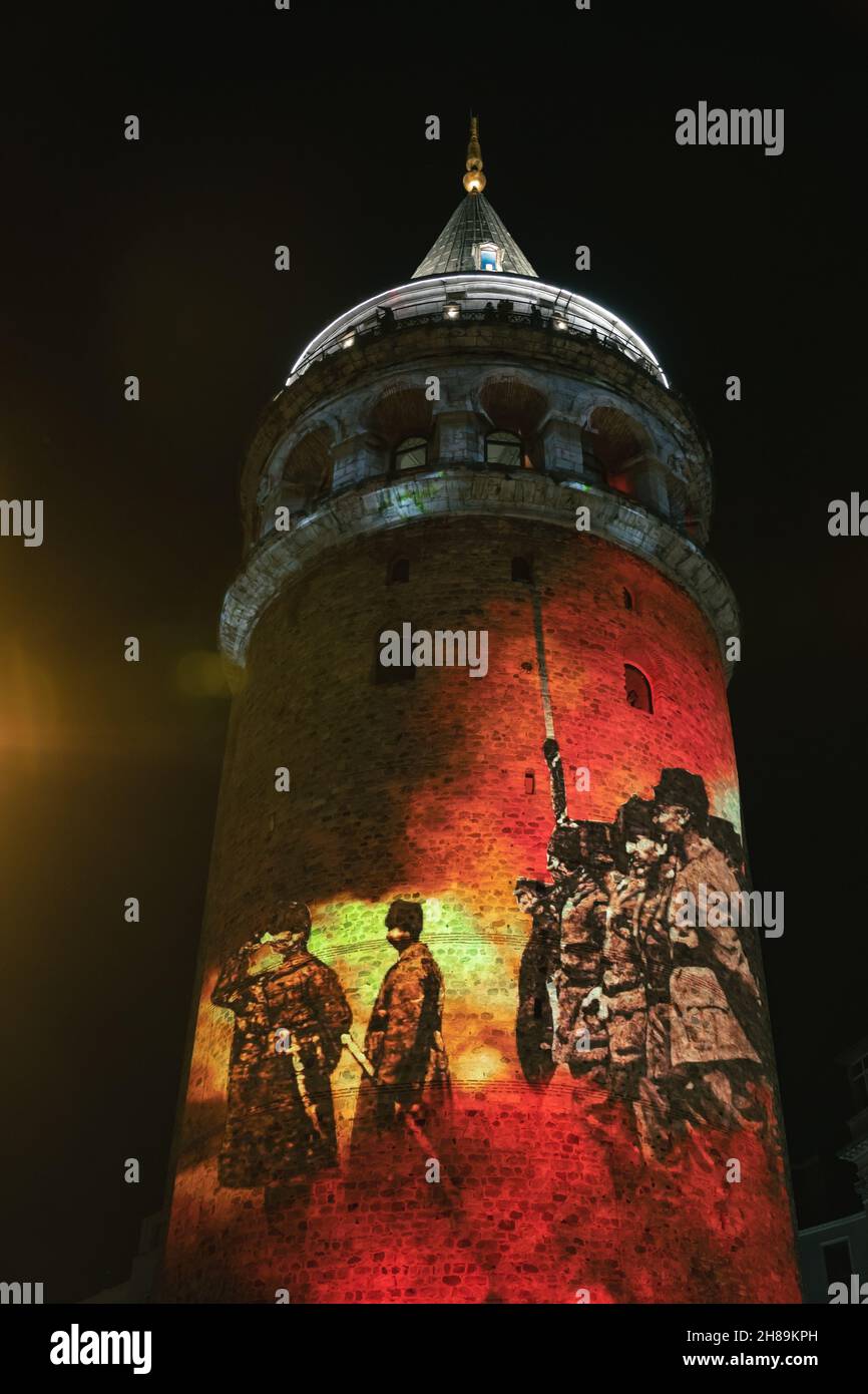 Projection Mapping Show on Galata Tower. Galata Tower video mapping for Republic Day or 29 ekim Cumhuriyet Bayrami in Istanbul. Istanbul Turkey - 10.3 Stock Photo