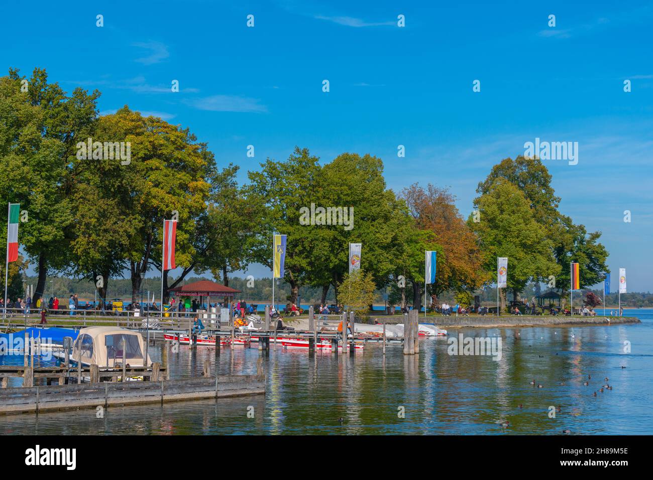 Prien town on Lake Chiemsee in the prealpine plateau Chiemgau, lake and the Alps, Upper Bavaria, Southern Germany, Europe Stock Photo