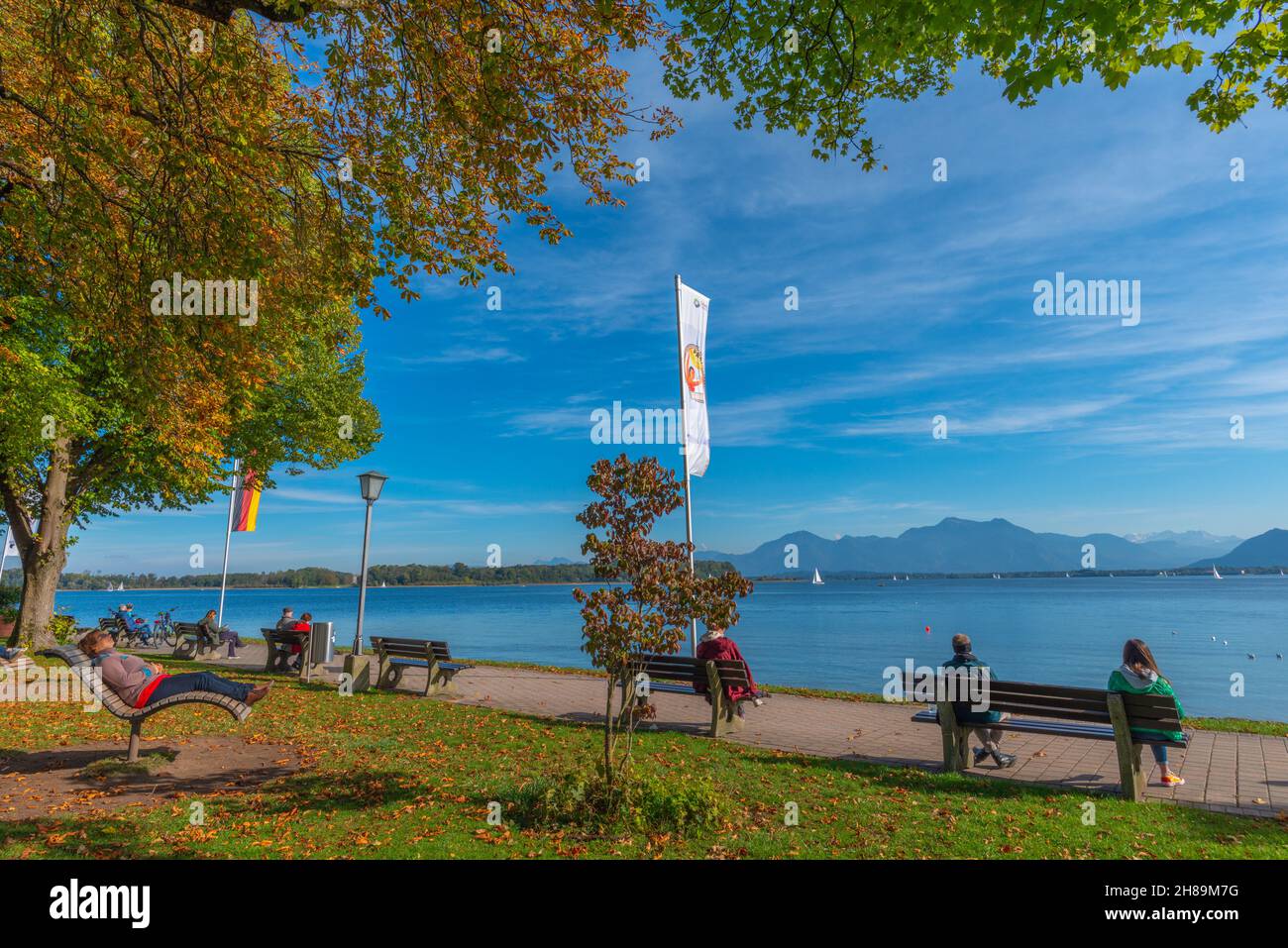 Prien town on Lake Chiemsee in the prealpine plateau Chiemgau, lake and ...