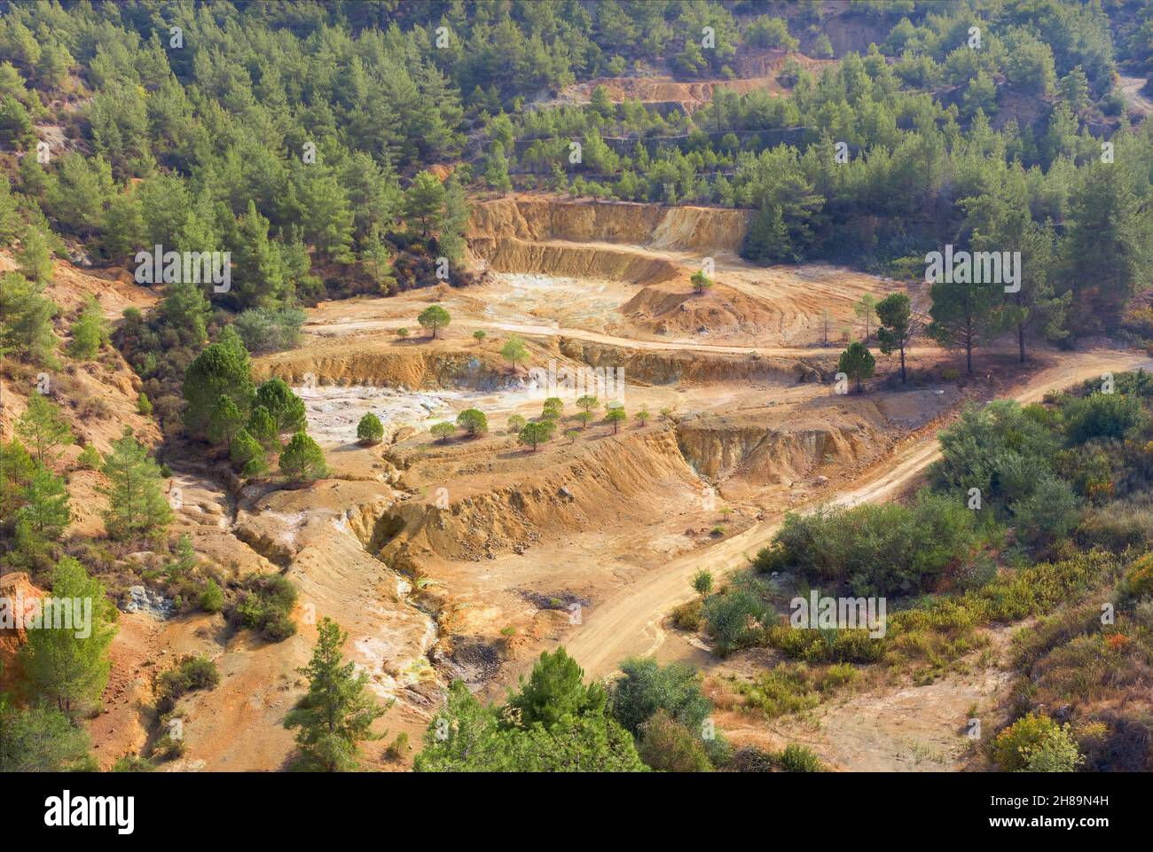 Ecosystem restoration. Reforestation in former open pit mine area in Cyprus, aerial view Stock Photo