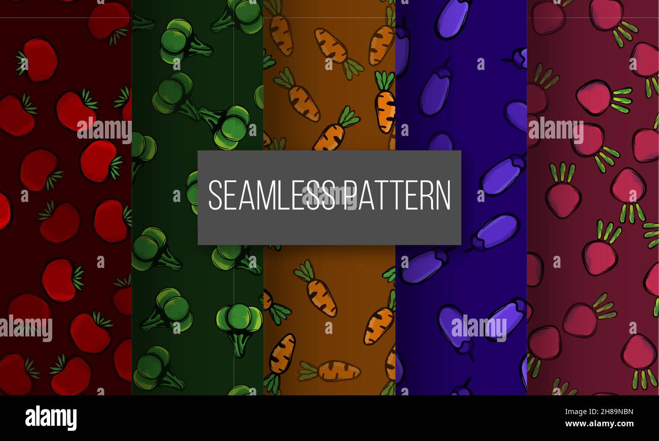 tomato broccoli carrot eggplant radish seamless pattern Stock Vector