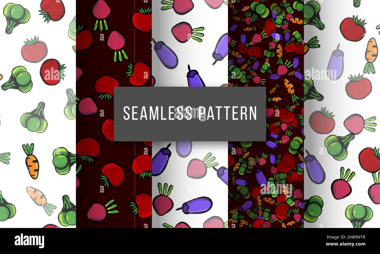 tomato broccoli carrot eggplant radish seamless pattern Stock Vector