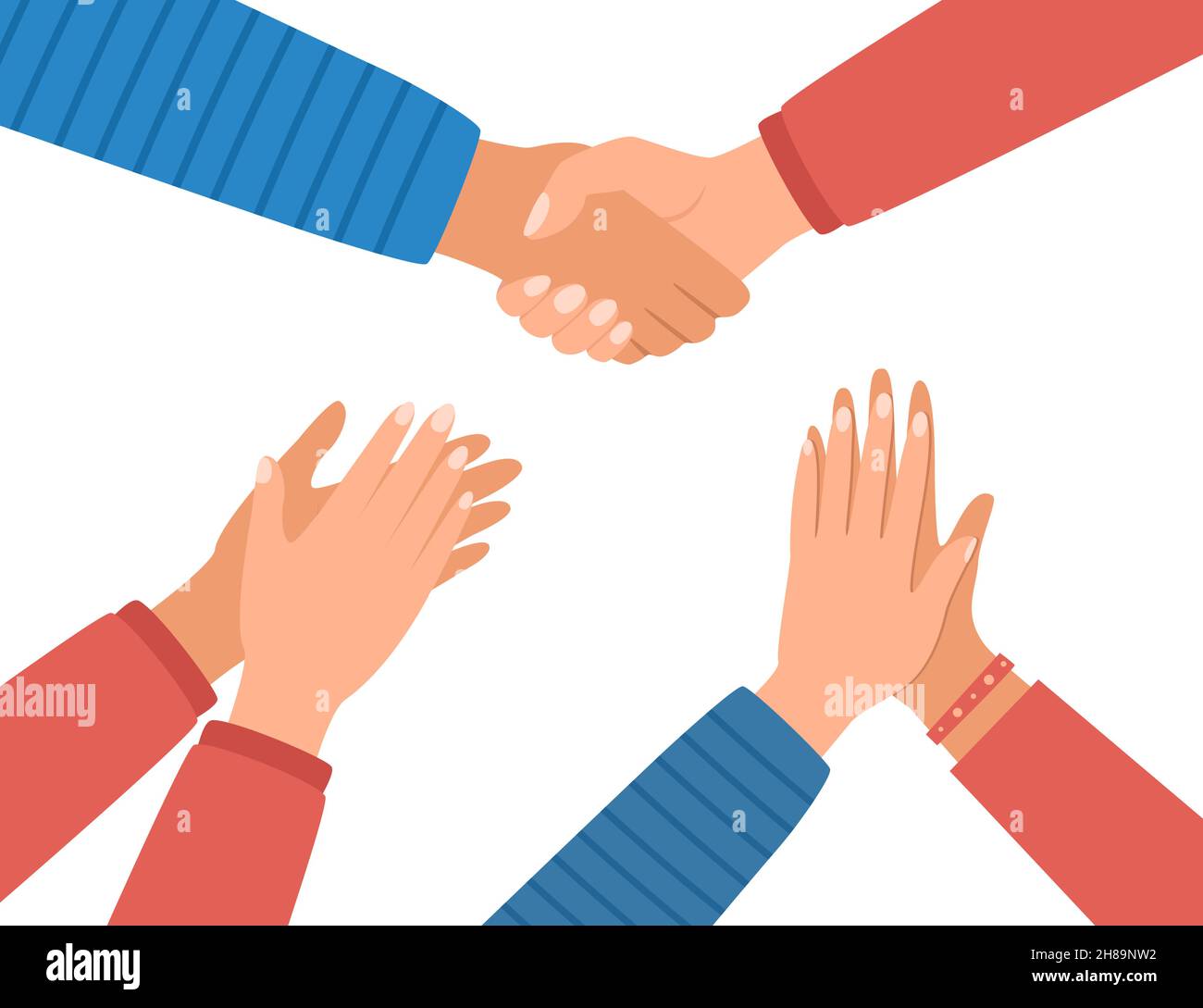 Shaking, clapping, applauding hands. Handshake. High five gesture. Symbol of success deal, partnership, greeting, teamwork, friendship unity helpsuppo Stock Vector