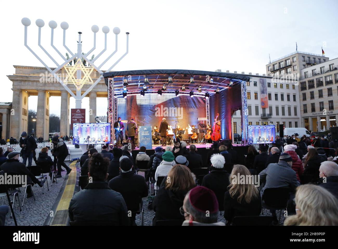 11/28/2021, Berlin, Germany. The stage. The eight-day Jewish festival of lights Hanukkah begins on Sunday, November 28, 2021. The ignition of the first light takes place as a solemn ceremony in the presence of the President of the Bundestag Bärbel Bas. The actress Iris Berben, who has received several awards for her commitment to Jewish life, gives a speech. Stock Photo