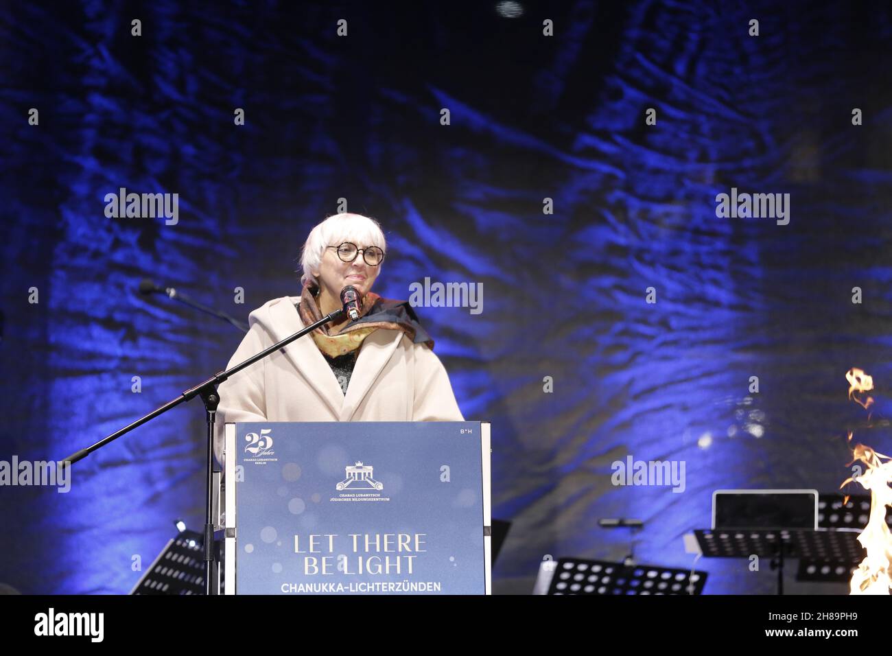 11/28/2021, Berlin, Germany. Claudia Roth on the stage. The eight-day Jewish festival of lights Hanukkah begins on Sunday, November 28, 2021. The ignition of the first light takes place as a solemn ceremony in the presence of the President of the Bundestag Bärbel Bas. The actress Iris Berben, who has received several awards for her commitment to Jewish life, gives a speech. Stock Photo