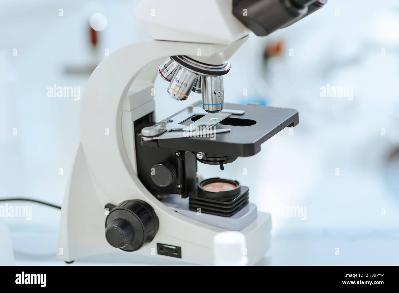 close up. sample on glass under a microscope Stock Photo Alamy