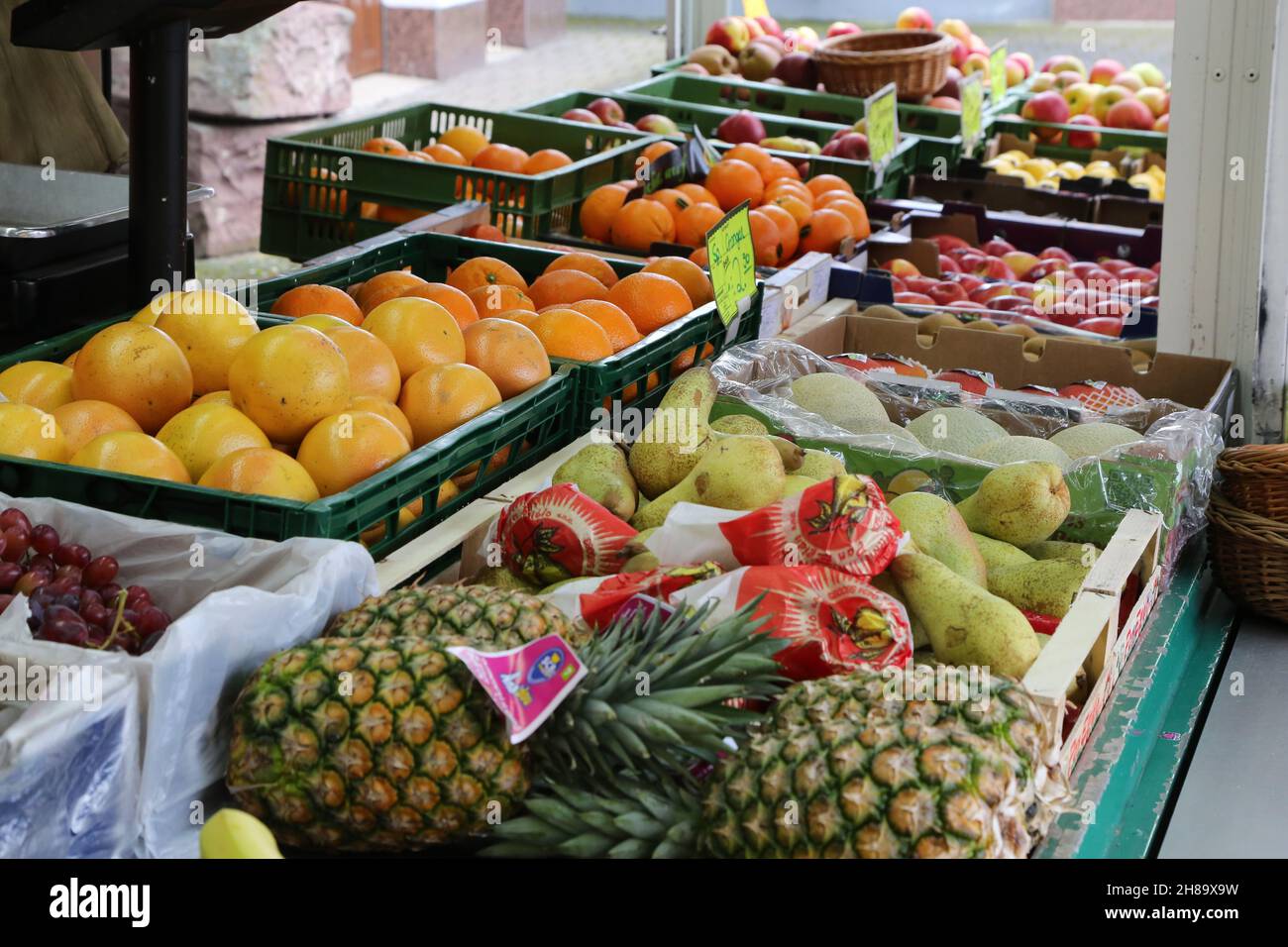 Many boxes of fruits and vegetables in an outdoor market Stock Photo ...