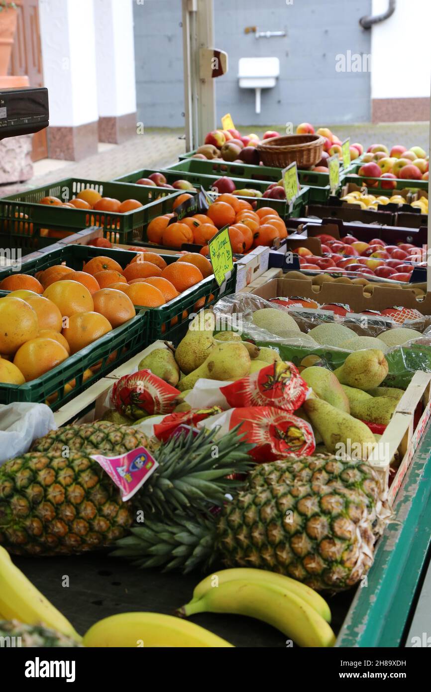 Many boxes of fruits and vegetables in an outdoor market Stock Photo ...