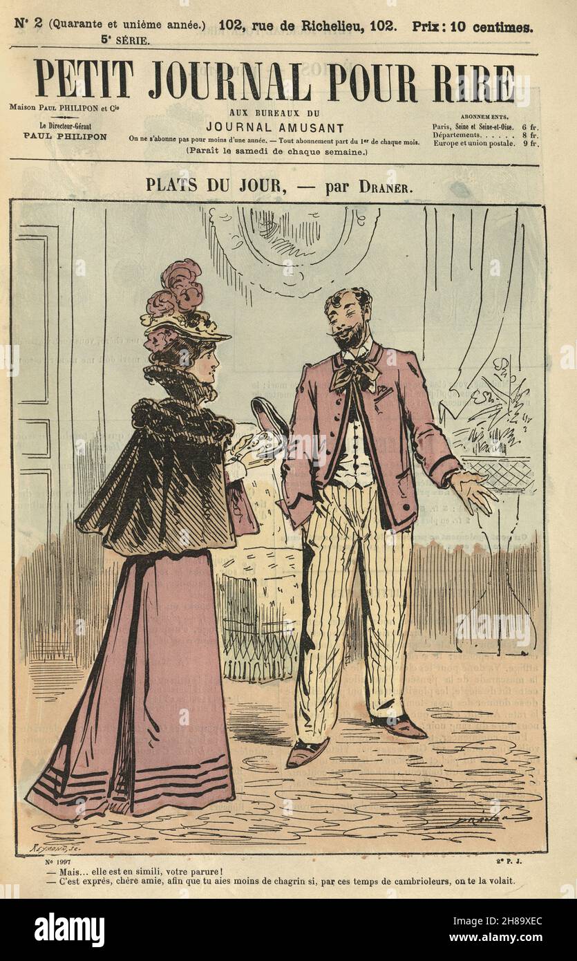 Page from French comic newspaper, Petit Journal Pour Rire, 1897. Man giving  his wife imitation jewelry as a birthday gift Stock Photo - Alamy