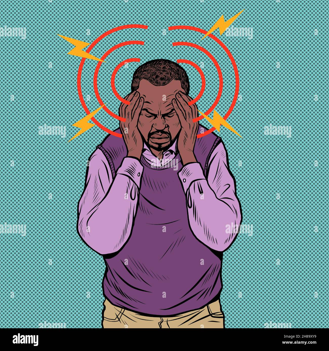 african elderly man headache, medical symptom migraine cancer hypertension meningitis stroke or other diseases Stock Vector