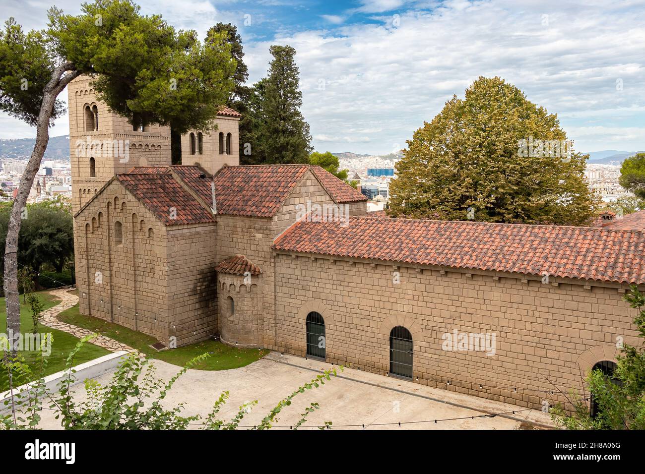 Monastery of San Miguel, in Poble Espanyol, Spanish Village in Barcelona, Catalonia, Spain. Stock Photo