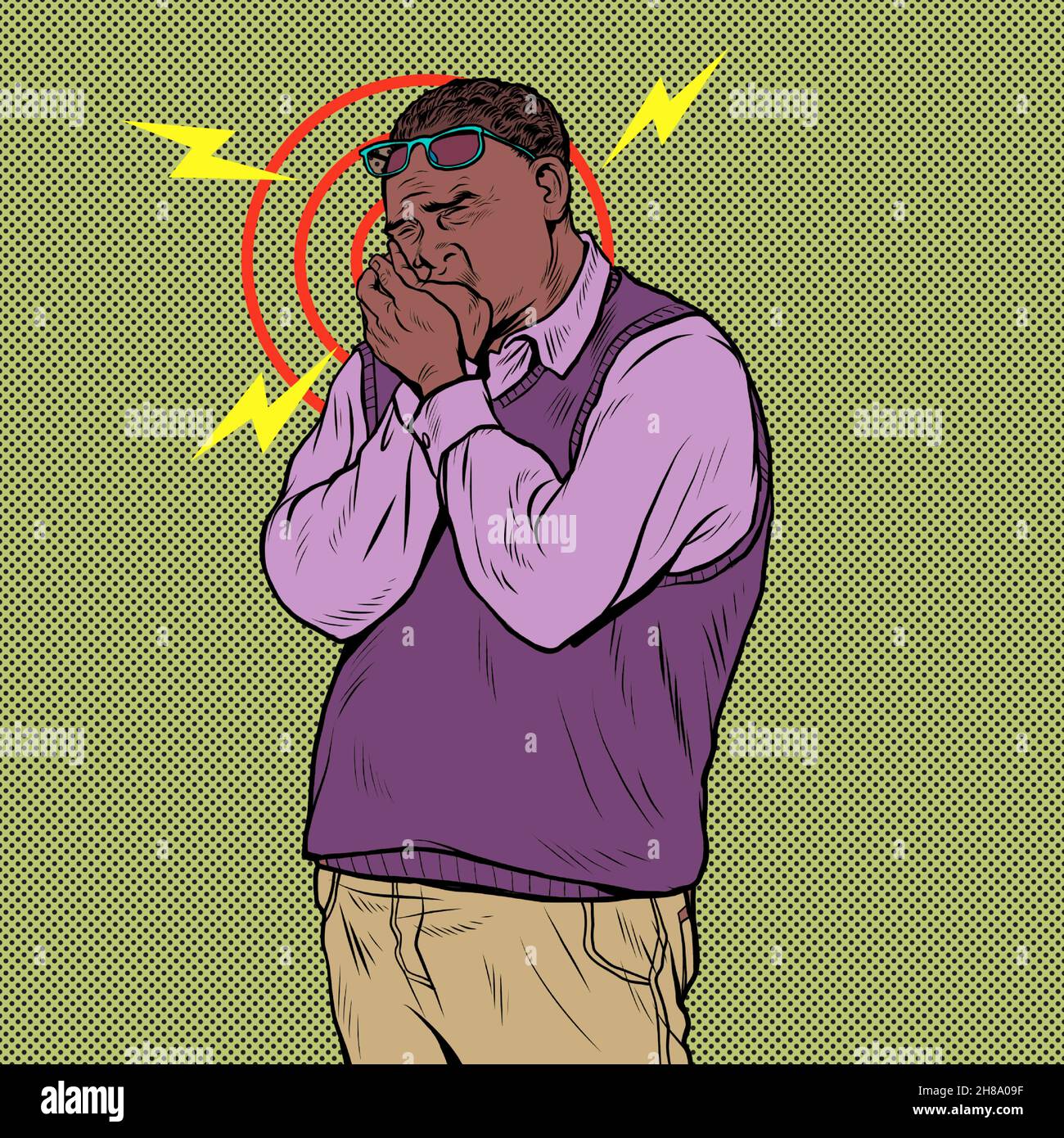 african elderly man toothache, aching pain in the teeth and jaw. Caries