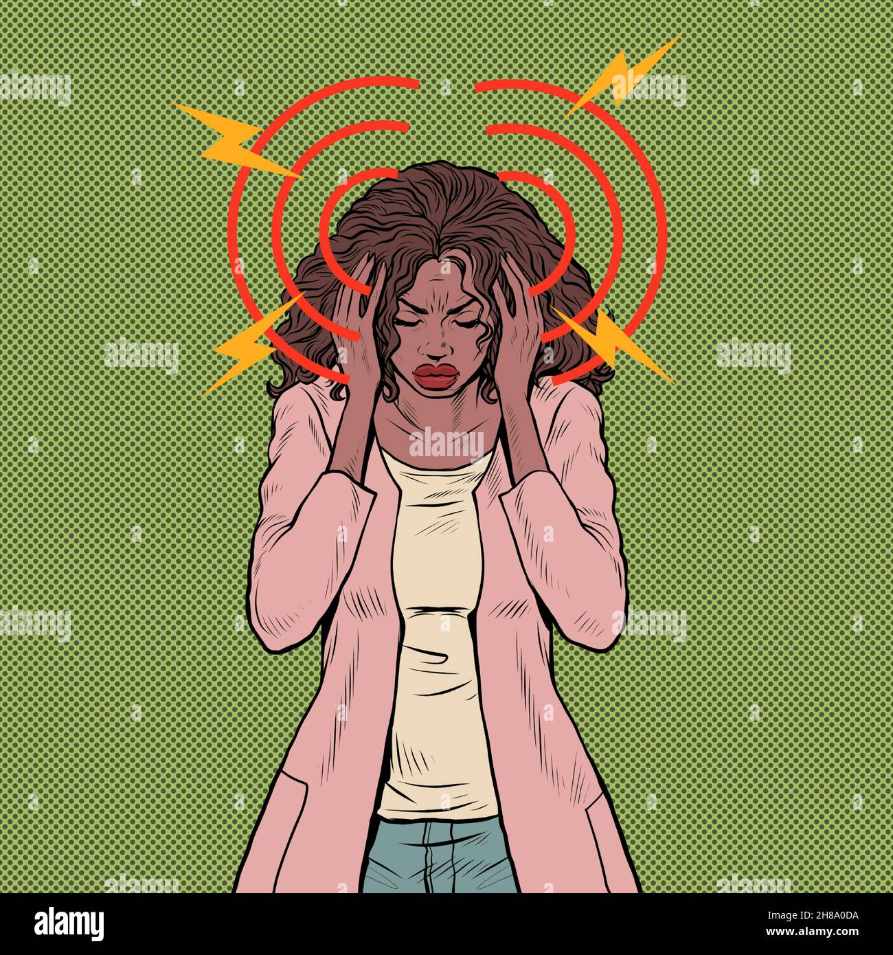 african woman is suffering headache, medical symptom migraine cancer hypertension meningitis stroke or other diseases Stock Vector