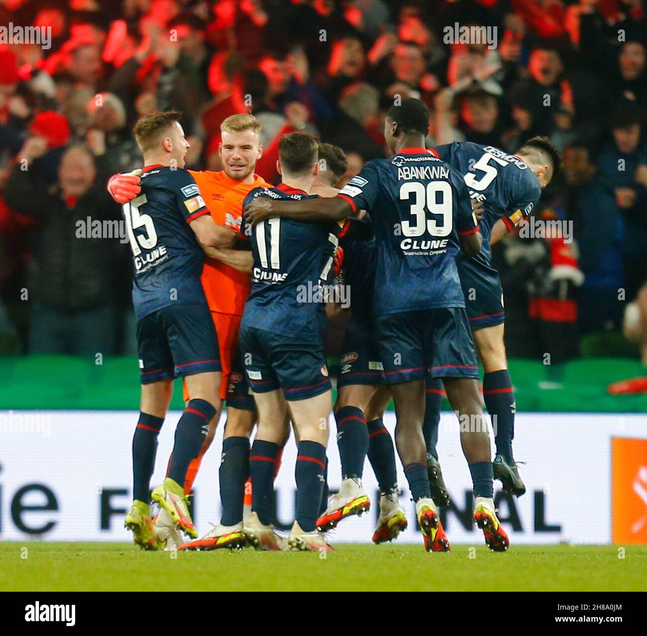 Aviva Stadium, Dublin, Ireland. 28th Nov, 2021. FAI Football Cup Final;  Bohemians versus St Patricks Athletic FC; St. Patrick's Athletic players  celebrate winning the FAI Cup Final after a penalty shoot out