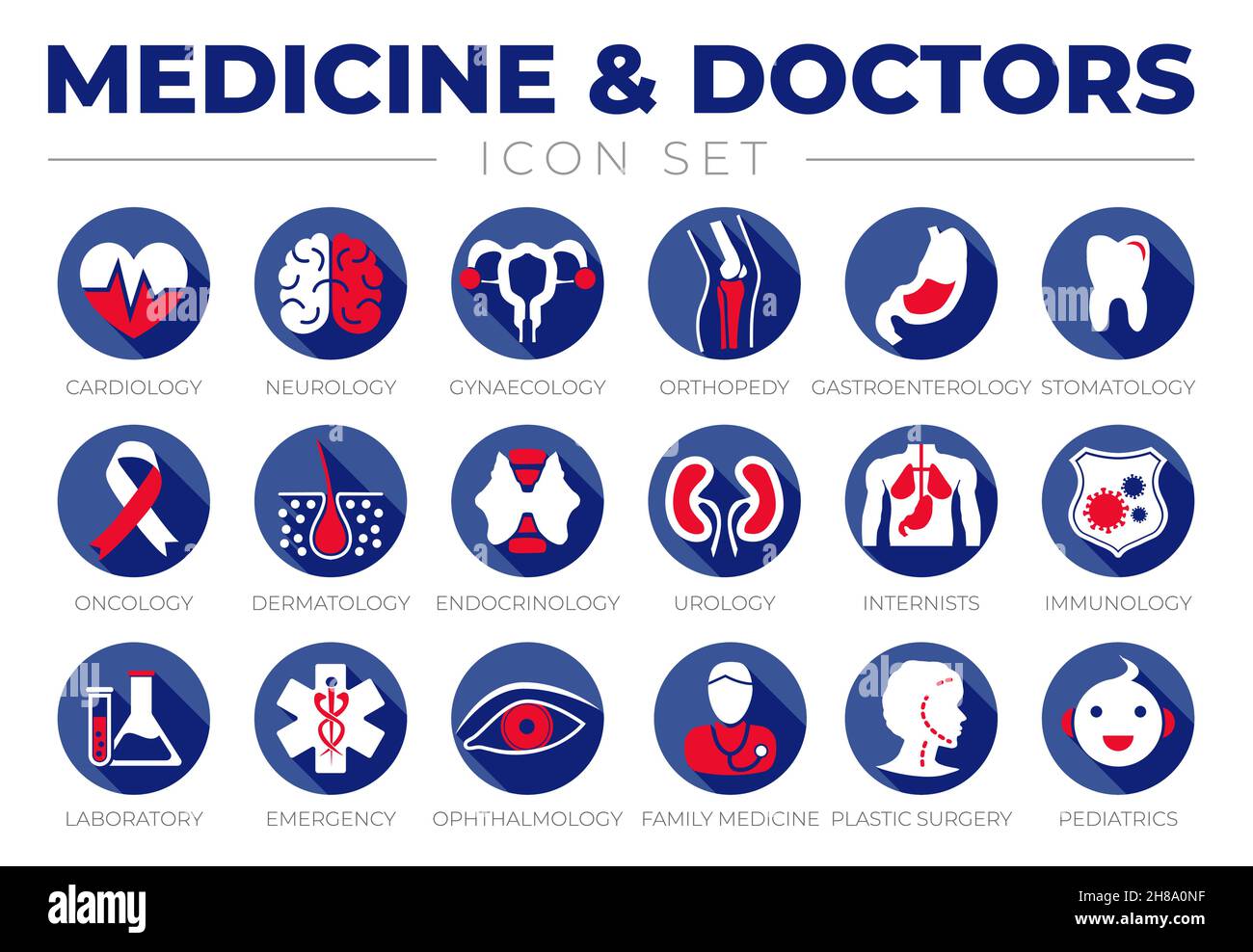 Healthcare Icon Set of Cardiology, Neurology, Gynecology, Orthopedy, Gastroenterology, Stomatology,Oncology, Dermatology, Urology, Internists, Immunol Stock Vector