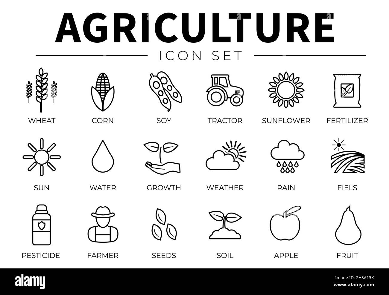 Agriculture Outline Icon Set of Wheat, Corn, Soy, Tractor, Sunflower,  Fertilizer, Sun, Water, Growth, Weather, Rain, Fields, Pesticide, Farmer,  Seeds Stock Vector Image \u0026 Art - Alamy, image size:1300x988