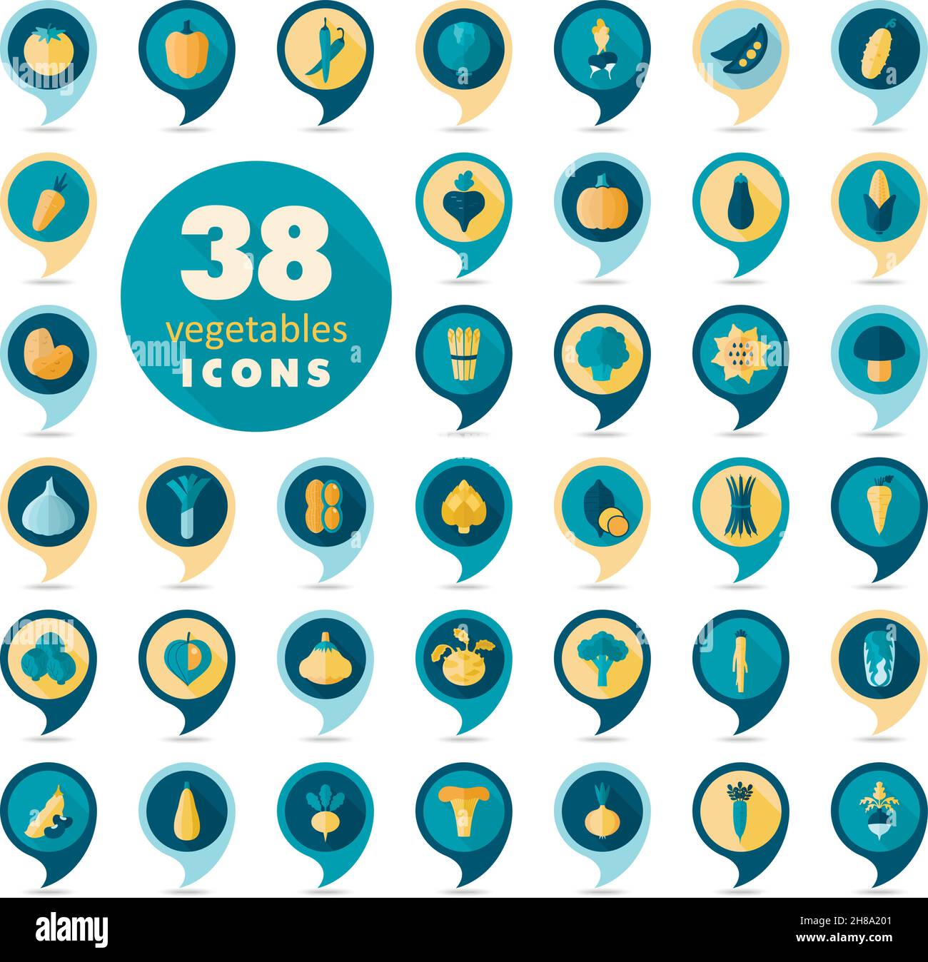Vegetables flat vector pin map icons set. Map pointer. Map markers. Vector illustration eps 10 Stock Vector
